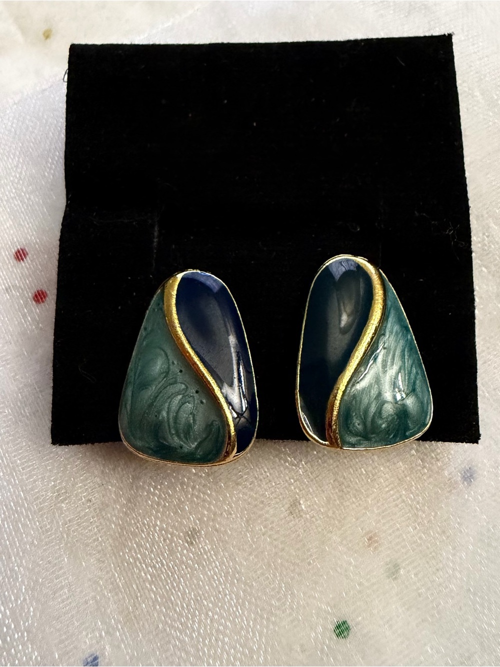 Gold/Blue/Green Enamel Asymmetrical Retro Vintage Clip-On Stud Earrings for Lobe